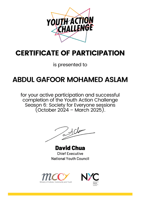 Youth Action Challenge Season 6 certificate awarded by the National Youth Council