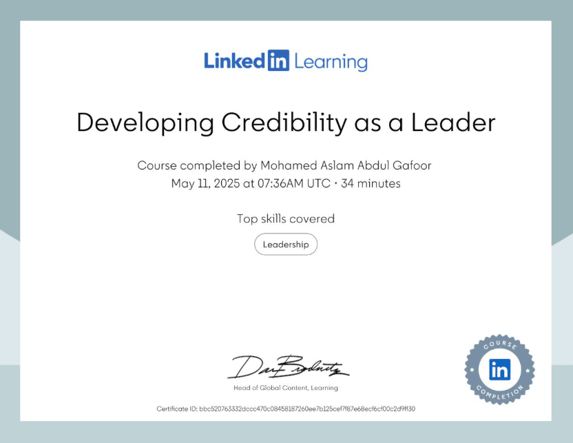 Developing Credibility as a Leader certificate from LinkedIn Learning