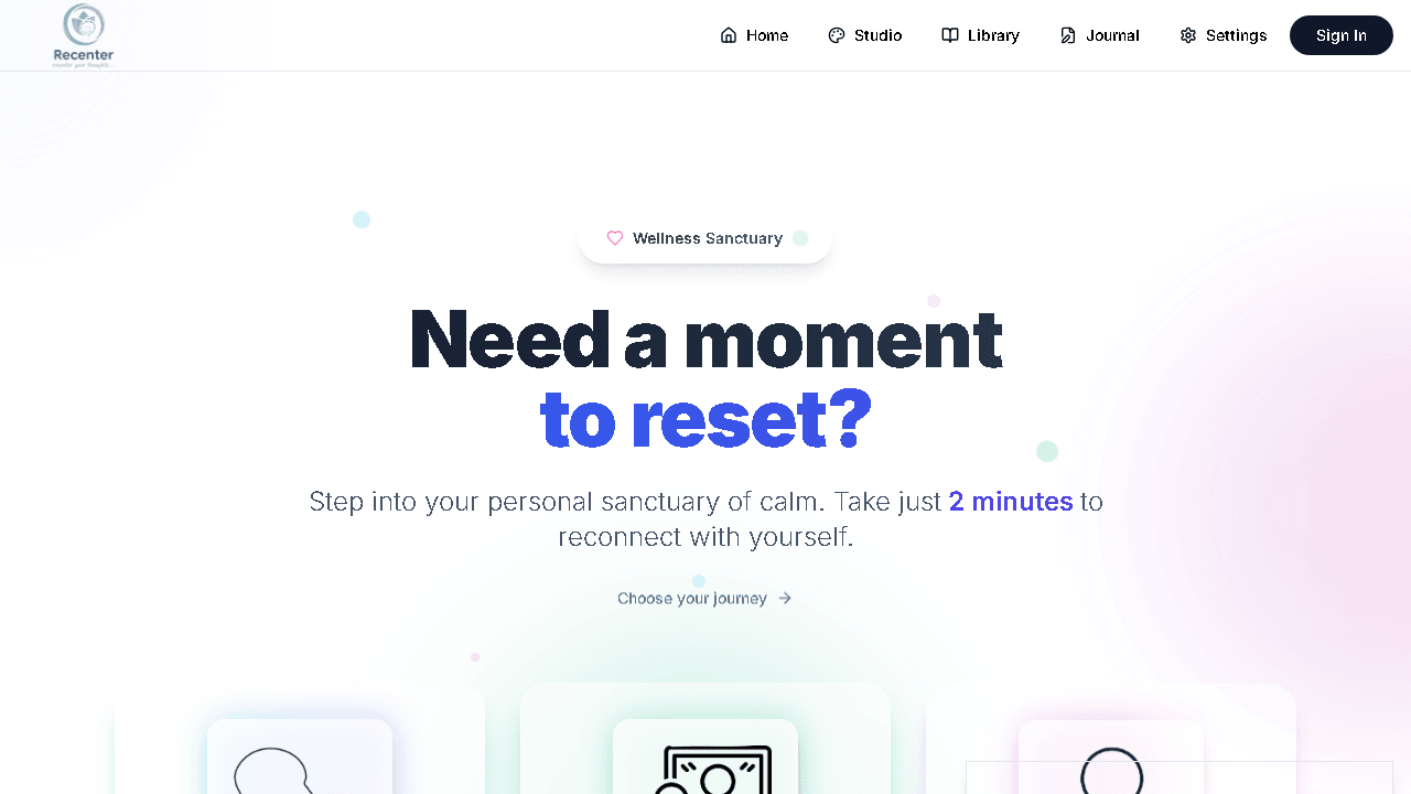 Recenter landing screen offering three modes: Breathe, Reflect, and Create