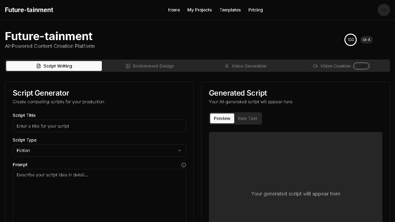 Future-tainment script generator interface with a script type selector and generated-script panel